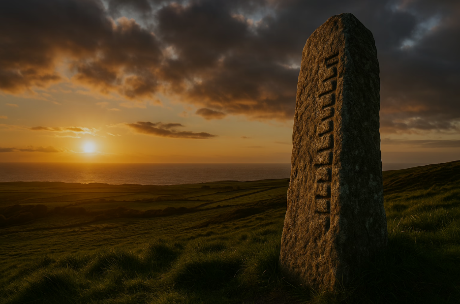 Ogham standing stone on a coastal headland at sunset, notches carved along the edge